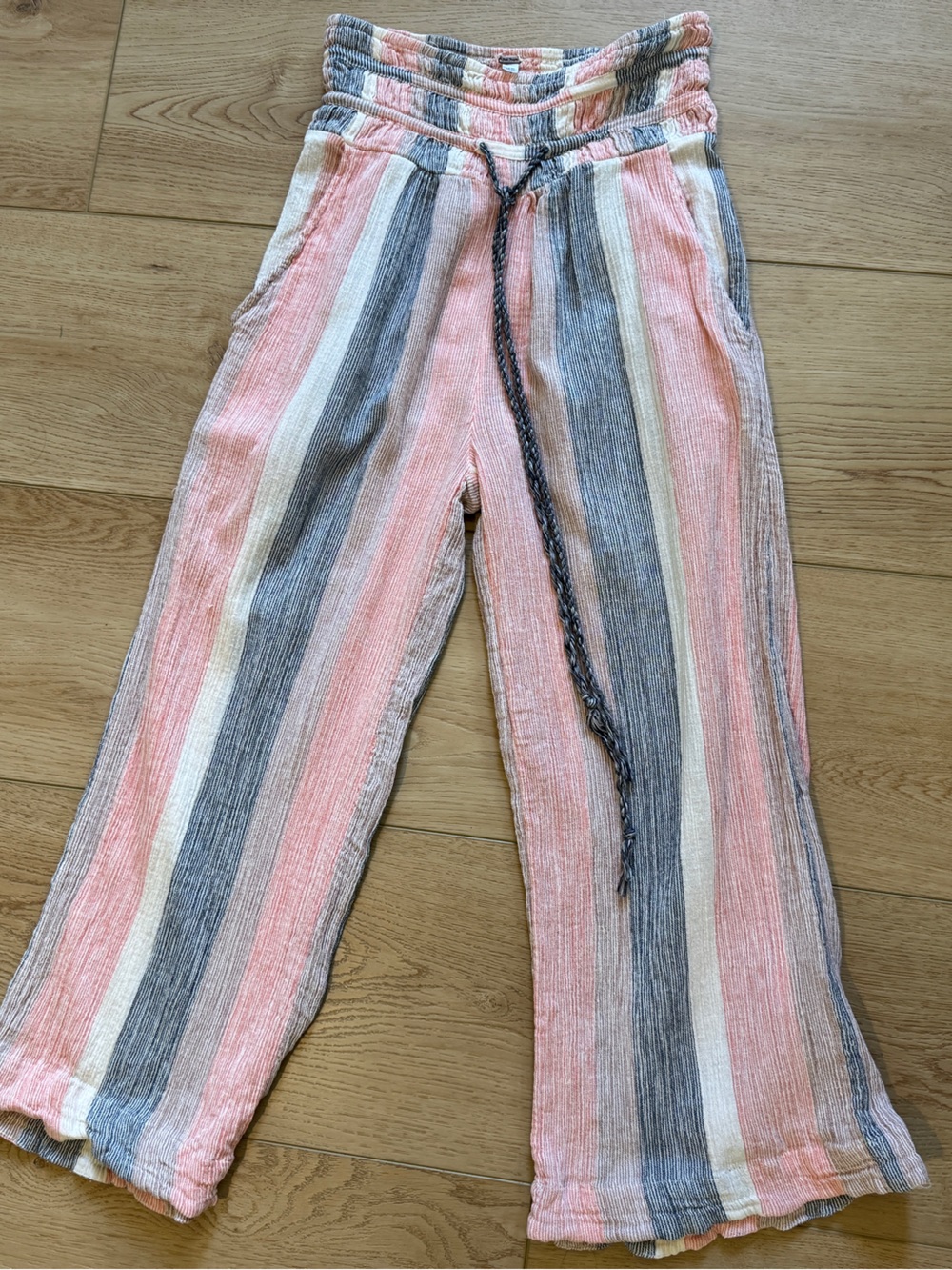 Free People Hamilton Wide Leg Cotton Red, Pink, Blue Striped Drawstring Pants